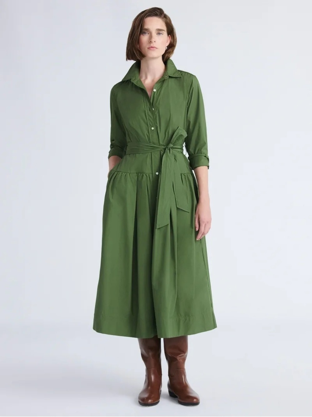 Tie-Waist Maxi Shirt Dress in Olive Green